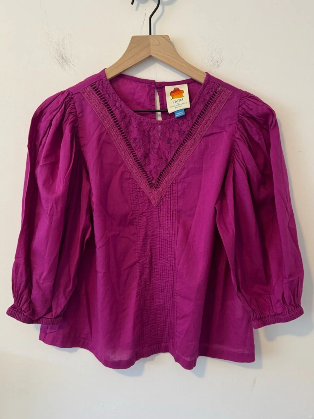 FARM Rio Fuchsia Lace V-Neck Puff Sleeve Top XS Petite